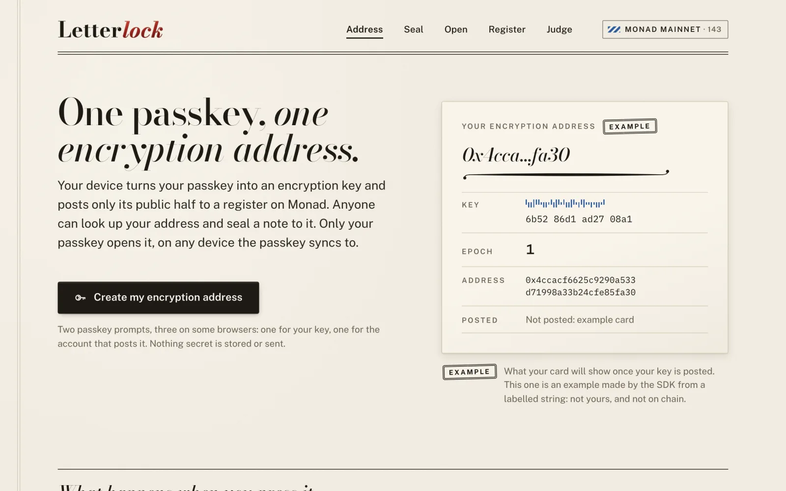 The live app's home page: One passkey, one encryption address, and the Create my encryption address button beside an example address card.